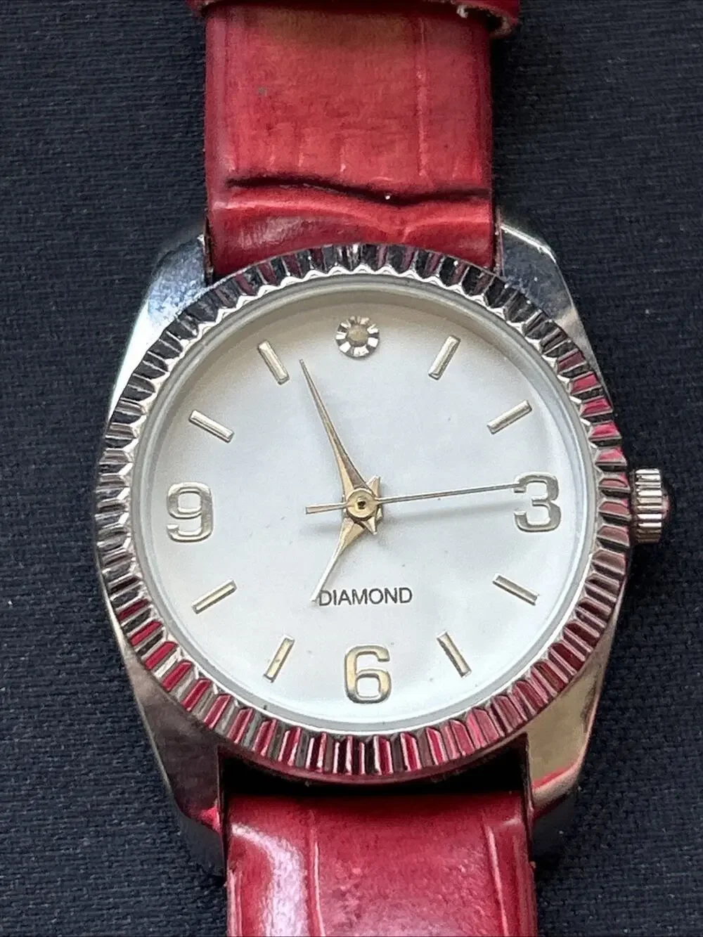 Silver Tone White Dial Red Band Women’s Quartz Watch